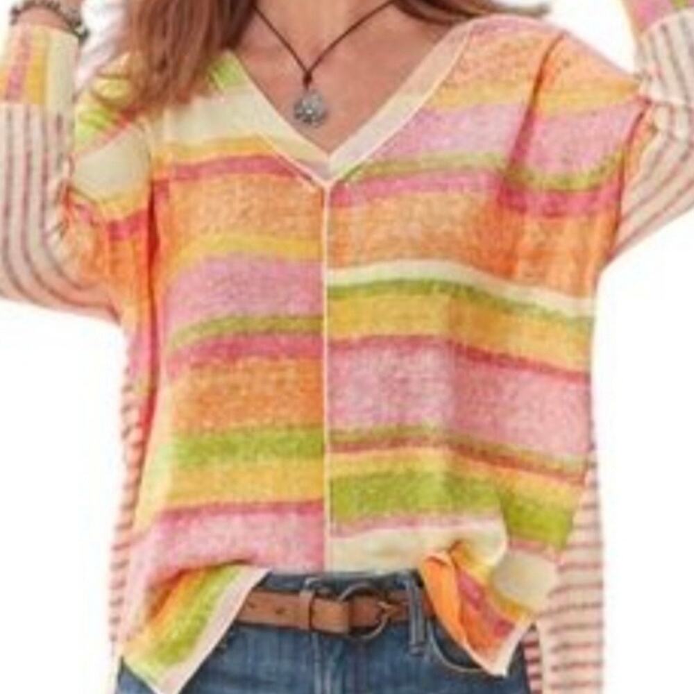 Sundance Joanna Sweater Size‎ M Orange Multi Striped Cotton Pullover Lightweight